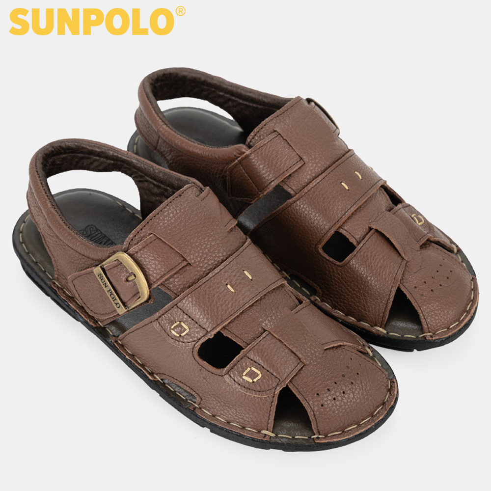 Dép Sandal Nam Da Bò Bít Mũi SUNPOLO SDA020 (Nâu)