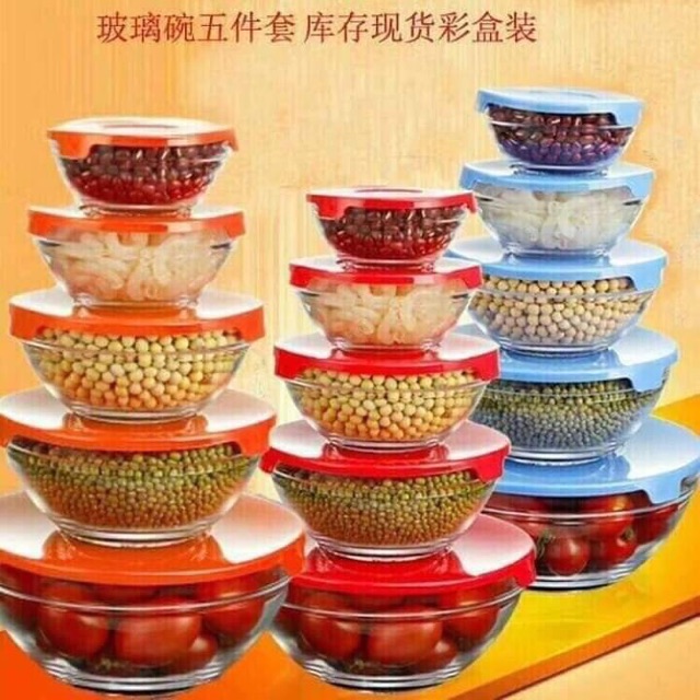 Bộ 5 bát thủy tinh trơn có nắp đậy