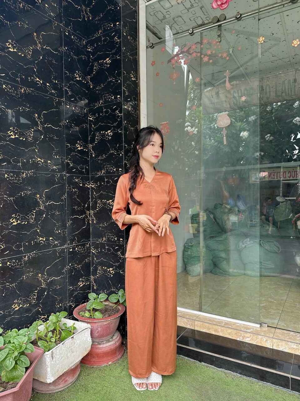 Đồ Lam Đi Chùa # Bộ Lua Cổ Tim Trơn # Quần Áo Nữ