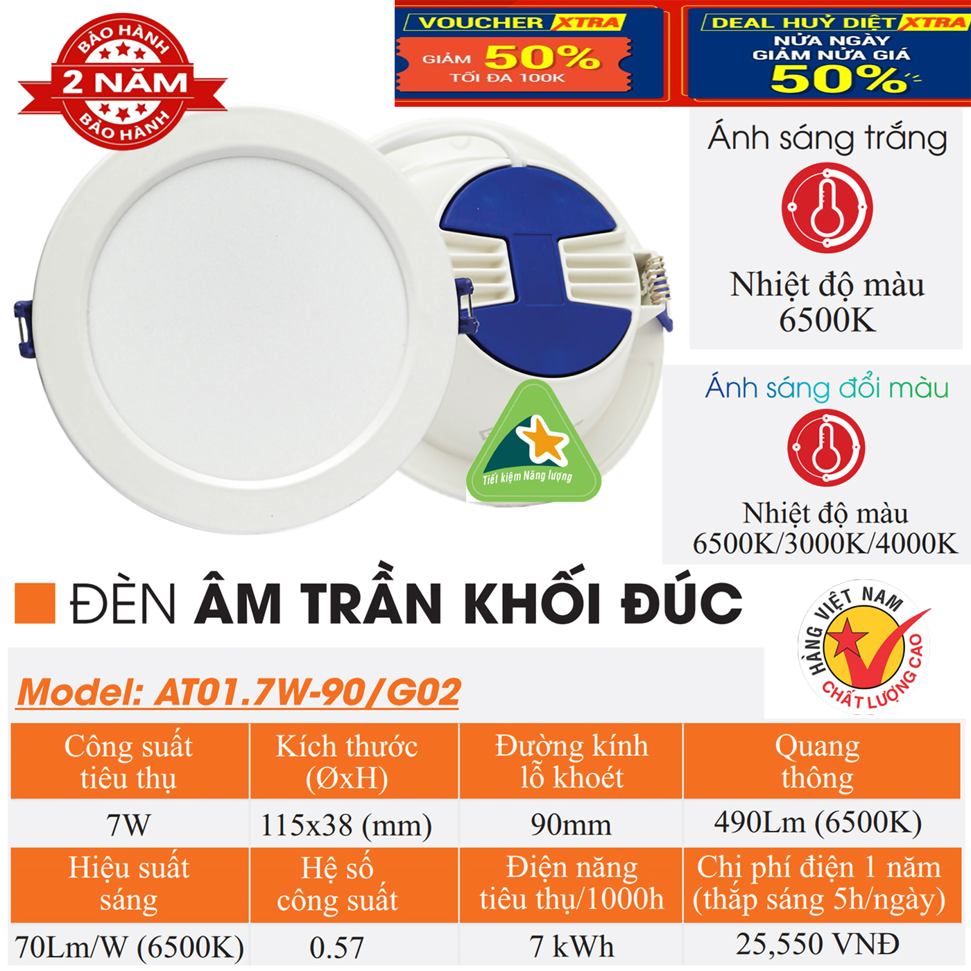 ( Bảo Hành 2 Năm )ĐÈN LED DOWNLIGHT ÂM TRẦN (7W - Phi 90 ) ( 9W - Phi 110) ( KHỐI ĐÚC )( Nguồn Liền ),Siêu Sáng Tiết Kiệm Điện,