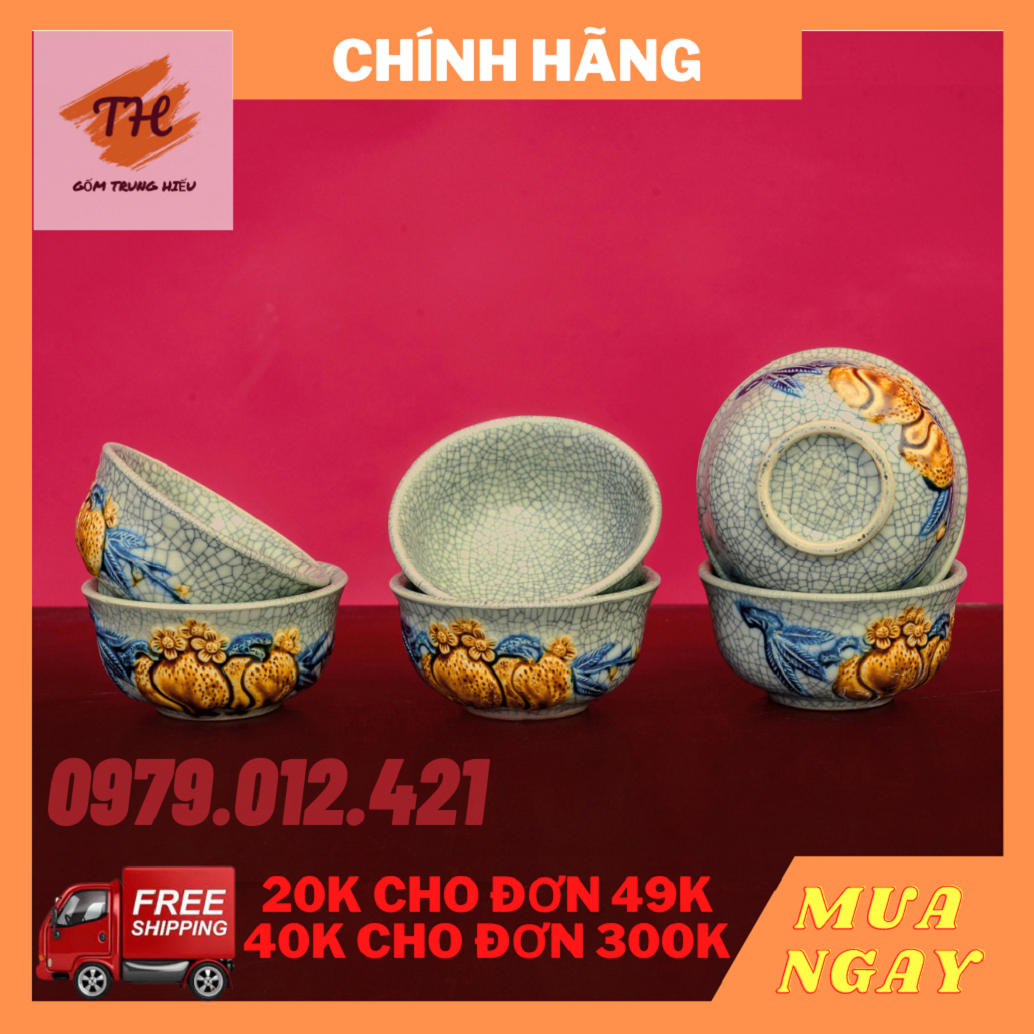 Bộ 6 Bát thờ Bát Tràng men rạn đắp nổi