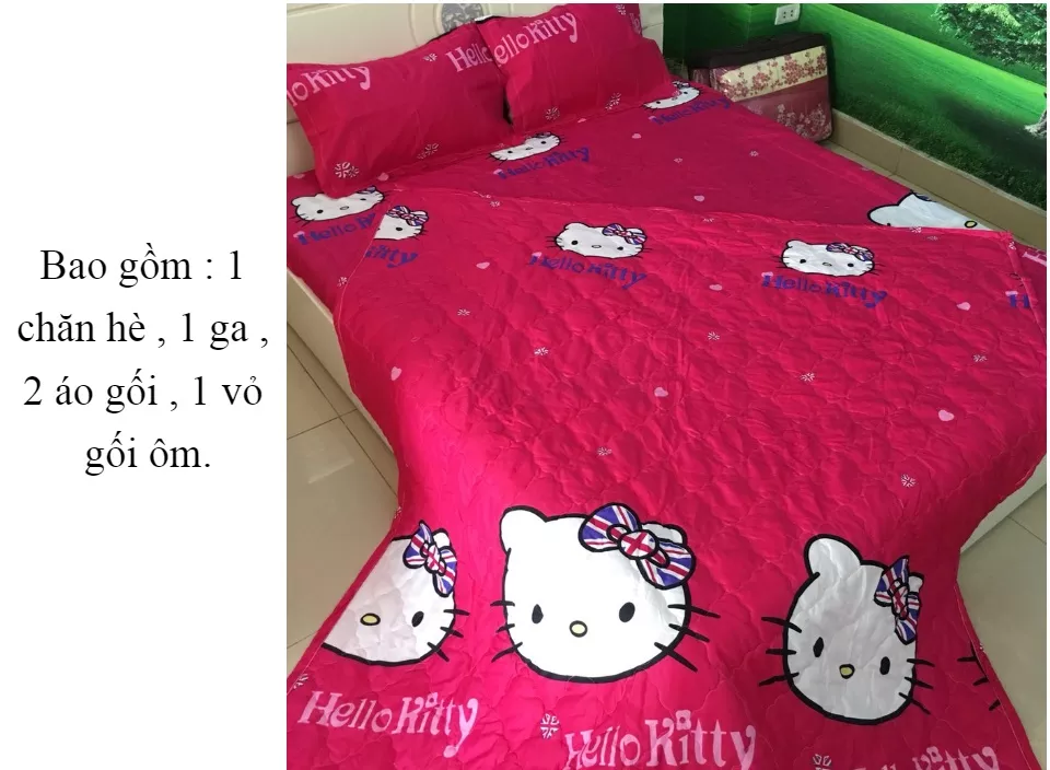 [HÀNG SẴN HCM] Bộ Chăn Ga Cotton Poly Kitty Hồng 5 Món 1M6 x 2M ( 1 Drap + 2 Vỏ Gối Nằm + 1 Chăn Hè + 1 Vỏ Gối Ôm )