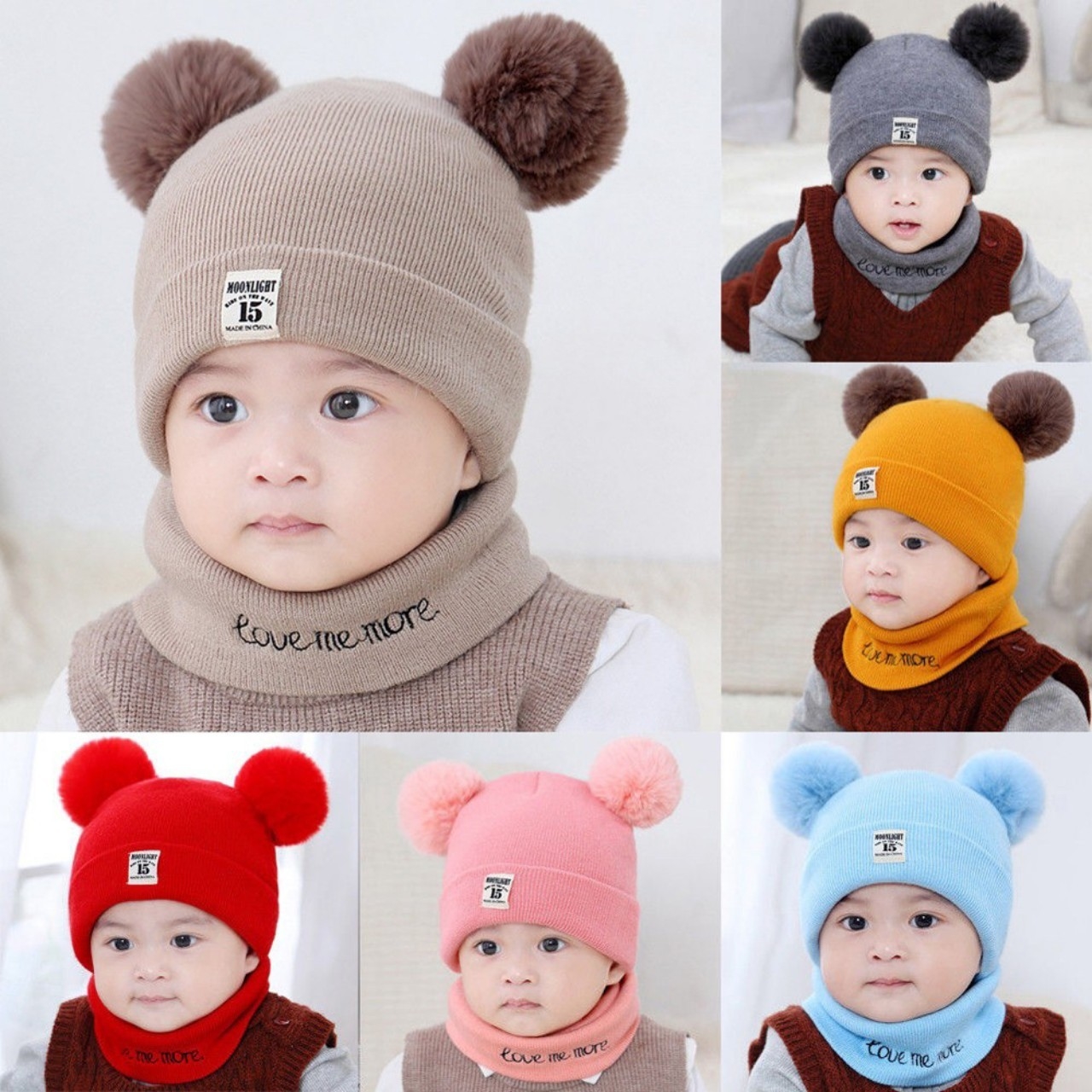 Set mũ tặng kèm khăn ống cục bông hàng xịn cho bé gái bé trai 0-36 tháng