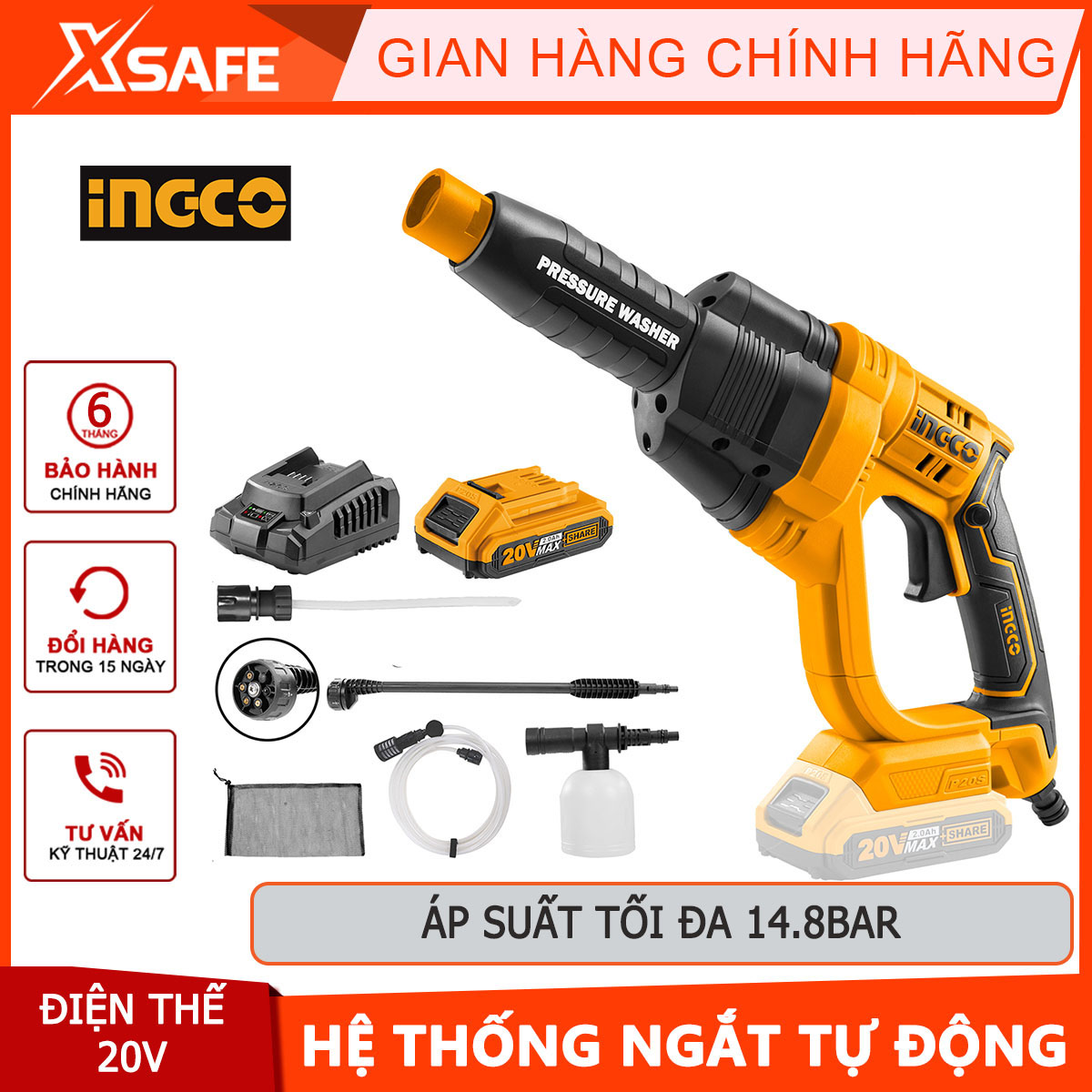 Machine pressure washing CPWLI2008 ingco used lithium battery 20V maximum pressure: 24.8bar water flow: 2.2l/min included 1 bar spray nozzle, 1 ống water 6m with quick coupling, 1 connector self-suction, 1 bottle soap dispenser and 1 bag-genuine-xsafe