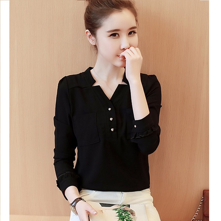 Áo Sơ mi nữ công sở kiểu cổ V cài nút 2 túi