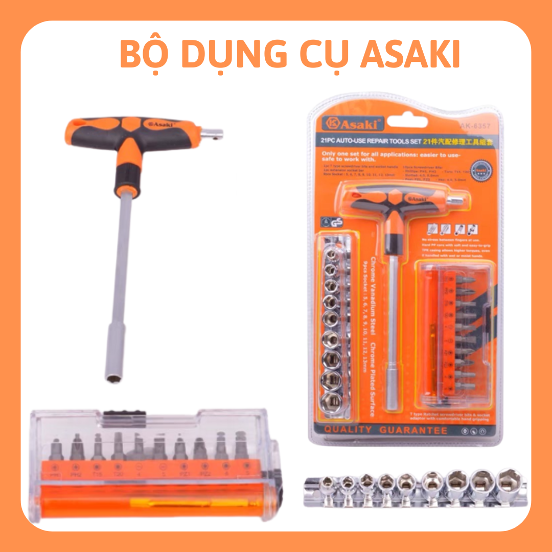 Bộ mũi vít và đầu tuýp Asaki AK-6357, bộ dụng cụ asaki mũi vít và đầu tuýp ak-6357, bộ đầu tuýp và bộ mũi vít asaki