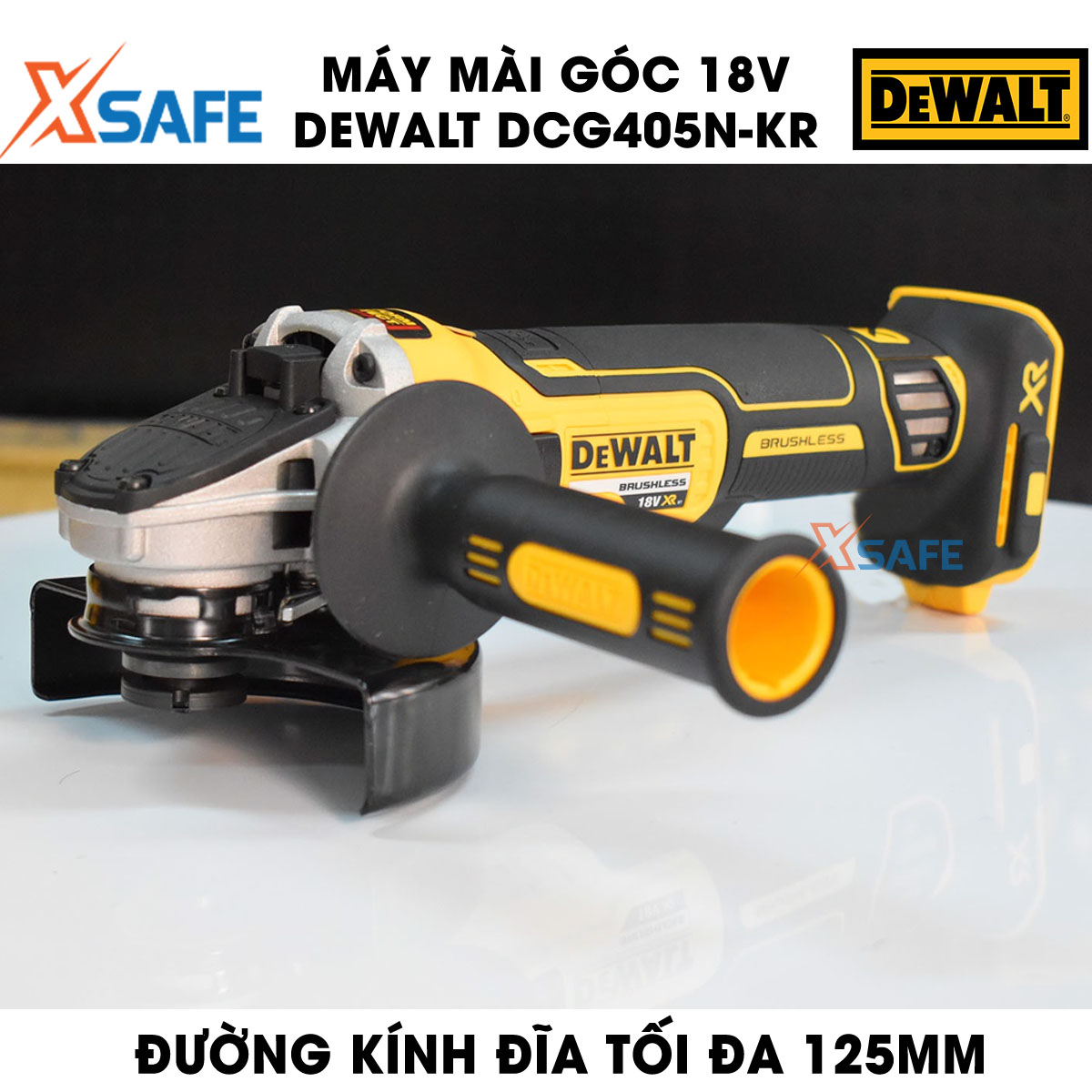 Angle grinder 18v Max DeWalt dcg405n-kr code DCG405P1. Grinder hand DeWalt with 1pin 5.0ah, spindle M14 and disc diameter 125mm, động brushless motor and no-load speed 9000/minute, there are LED lights work-product genuine xsafe
