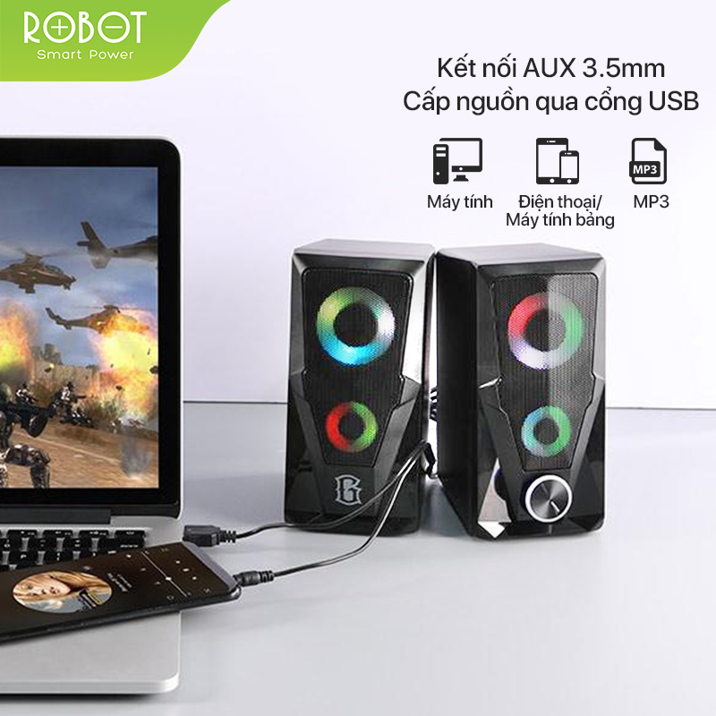 Loa máy tính Robot RS200 loa vi tính gaming công suất 6W hiệu ứng led âm thanh mạnh mẽ chất âm chi tiết điều khiển núm xoay kết nối máy tính laptop điện thoại máy mp3 - màu đen l hàng chính hãng