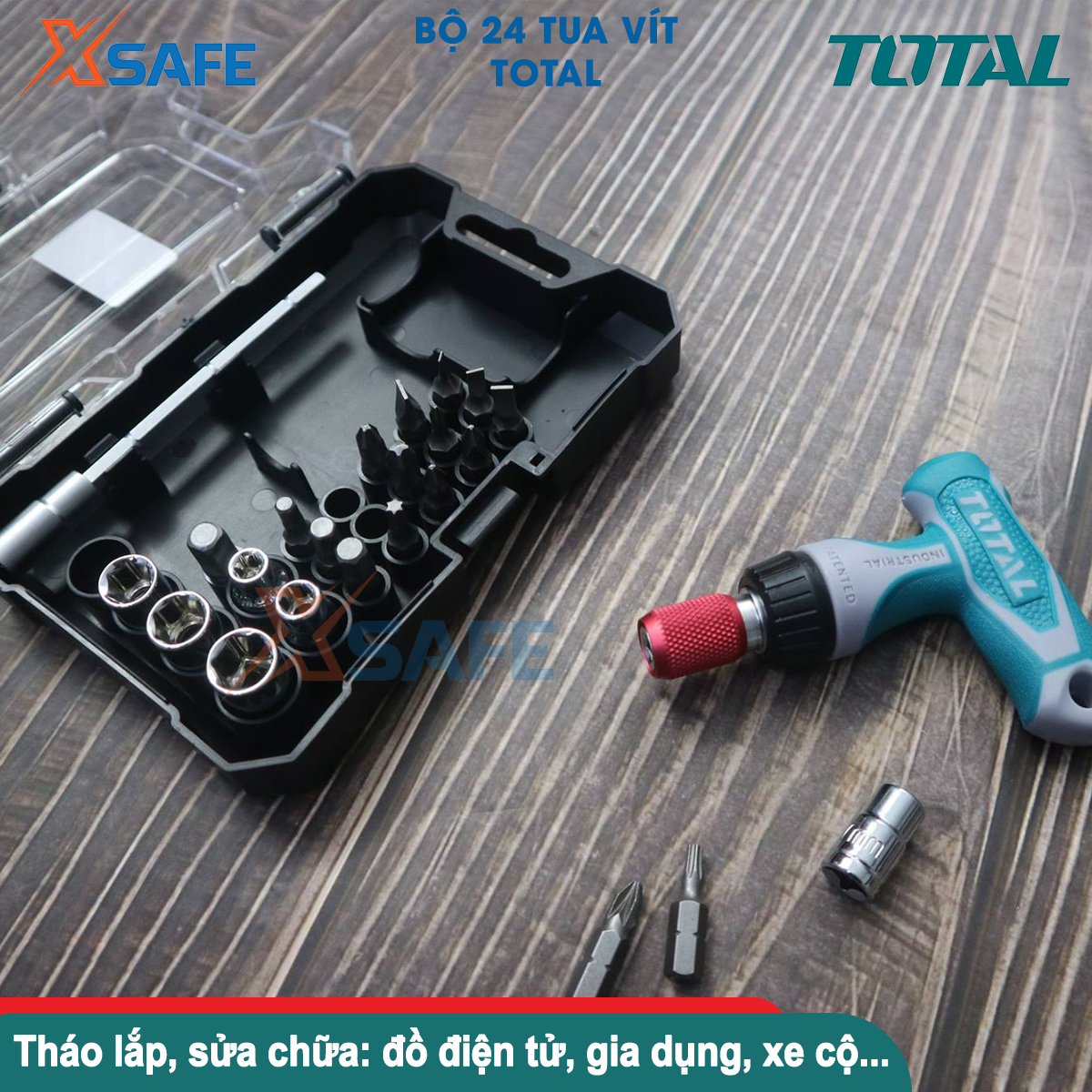 Bộ tua vít tự động 24 chi tiết TOTAL thép CR-V bộ tuốc nơ vít đa năng kèm đầu mũi vít và đầu tuýp chống gỉ sét dễ sử dụng TACSD30186