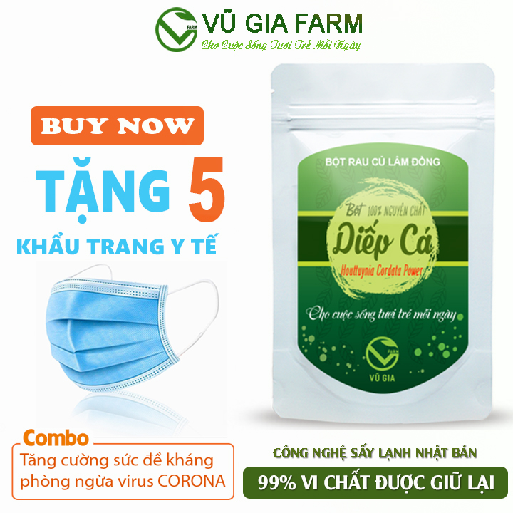 Bột Diếp Cá Sấy Lạnh Nguyên Chất Vũ Gia (50g/ túi) + Tặng 5 Khẩu Trang Y Tế - Chữa táo bón, mụn nhọt, kháng khuẩn, kháng viêm, thanh nhiệt, hạ sốt và giải độc, hỗ trợ điều trị sỏi thận