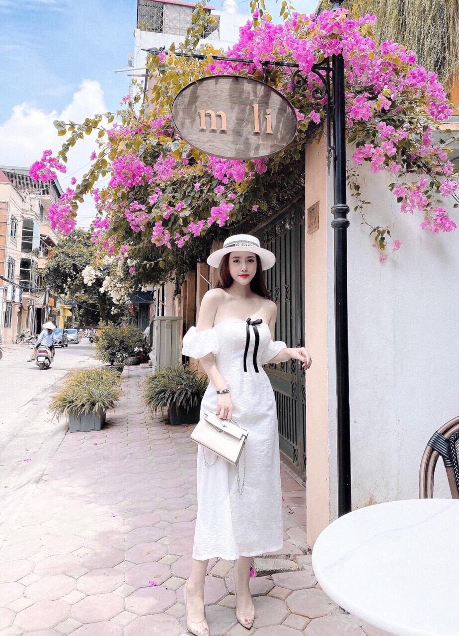 Đầm maxi trễ vai tay bèo đính nơ cực đẹp #dammaxi