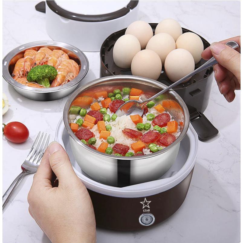 Hộp cơm cắm điện mini STAR 2 Tầng,3 Bát Inox,Giữ Nhiệt,Hâm Nóng,Nấu Chín Thức Ăn Bảo Hành 3 THÁNG