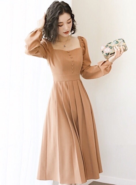 [HCM]Đầm tay dài cổ vuông 2 màu (kèm hình thật)