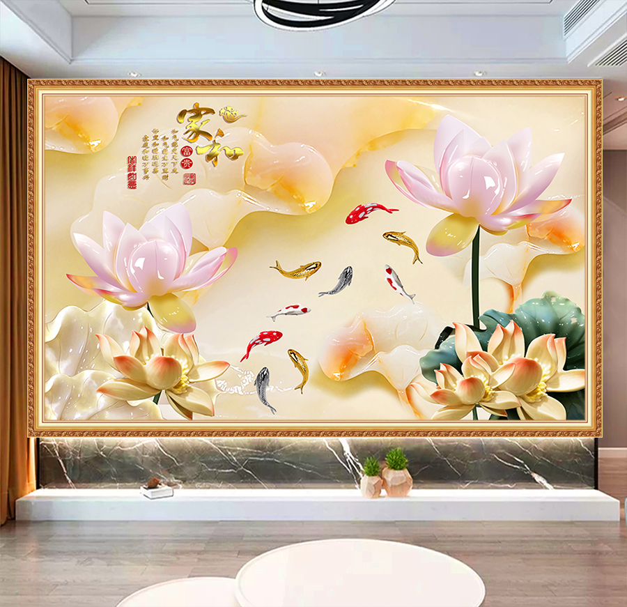 Tranh dán tường vtc hoa sen ngọc và cửu ngư 201903161809482291123 pc kim sa