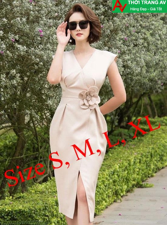 AV6459 - Đầm ôm body cổ V đính nơ eo lịch lãm