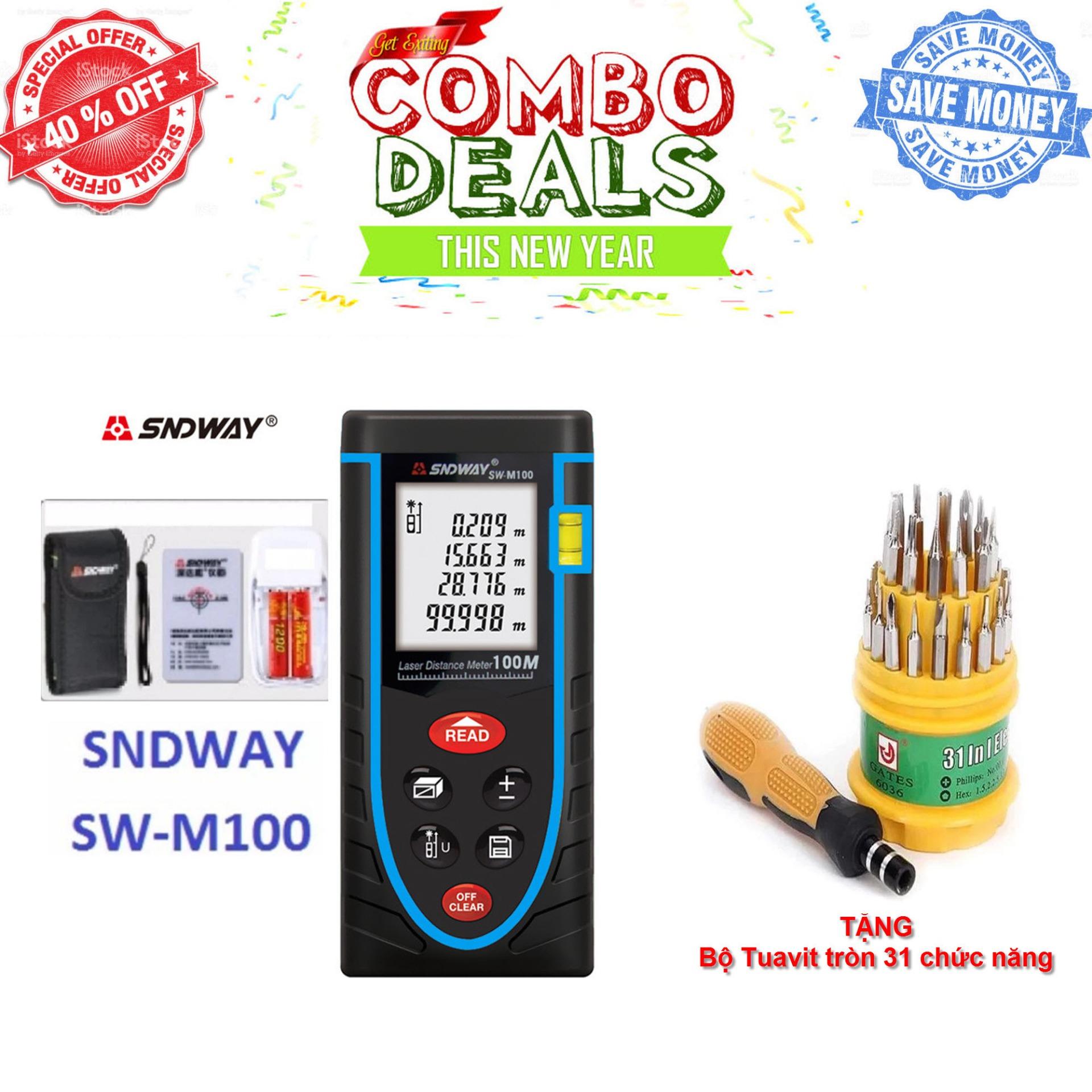 Thước đo khoảng cách bằng tia laser SNDWAY phạm vi 100m + TẶNG bộ tua vít đa năng với 32 đầu vặn