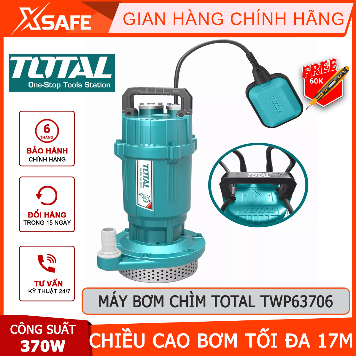 Submersible pump clean water total pump drop submersible automatic 220V 370W (0.5hp)-750W (1.0hp), maximum pumping height 17m-32m, handle stainless steel vacuum water drain, domestic sewage [XTools] [xsafe]