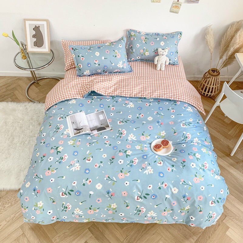 Bộ chăn ga gối cotton poly hoa nhí xanh biển