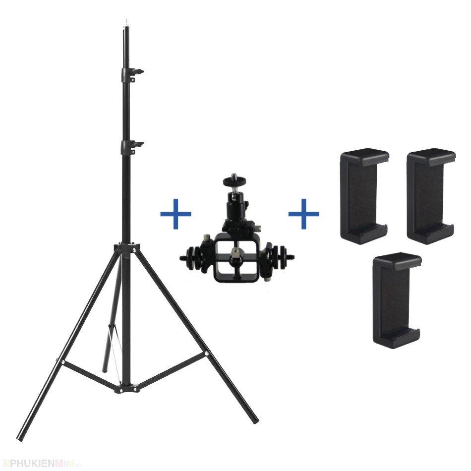 Phụ kiện giá đỡ khung trụ gắn đến 3 điện thoại lên tripod hỗ trợ livestream chuyên nghiệp nhiều máy cùng lúc