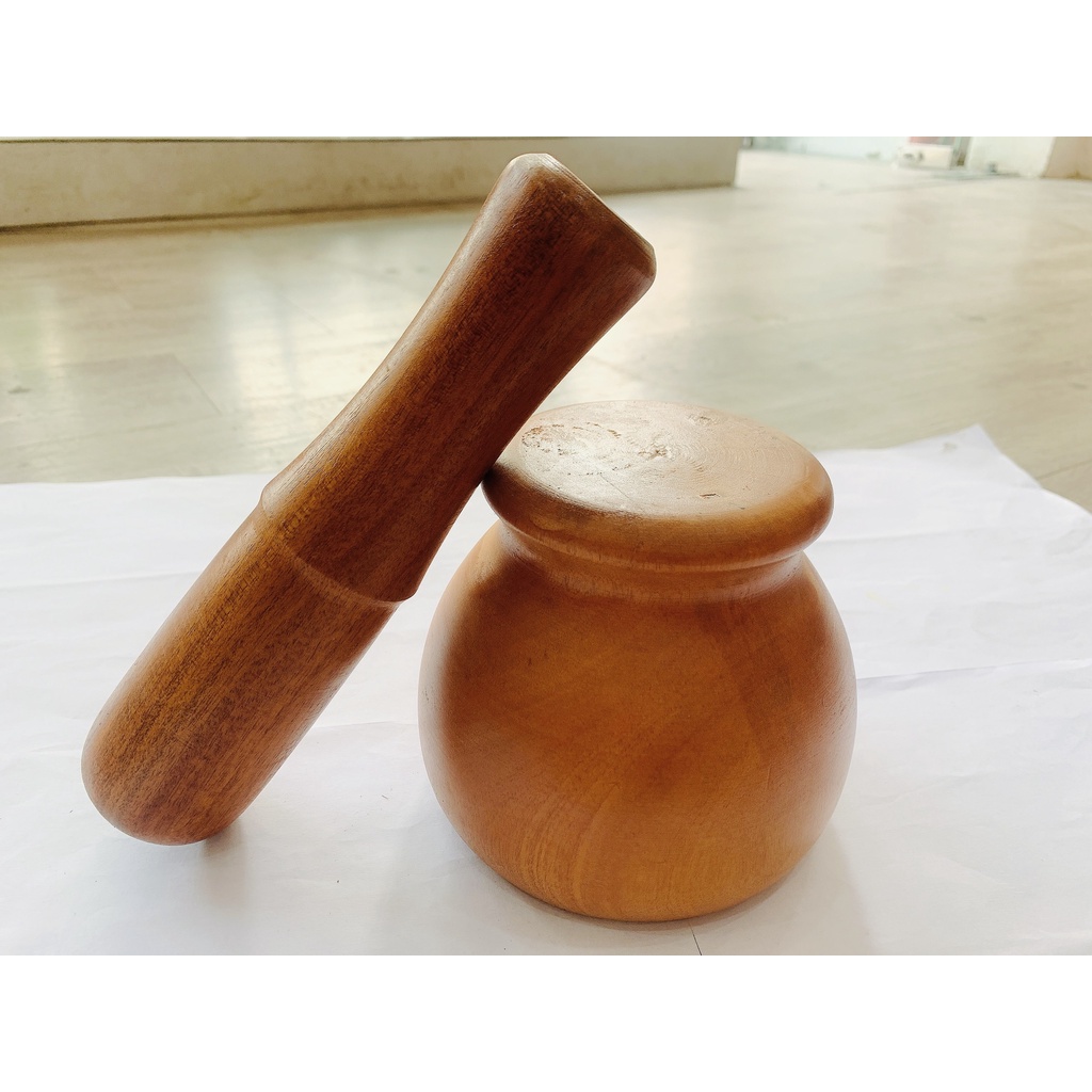Bộ Cối Chày Bầu Gỗ Xà Cừ 13Cm