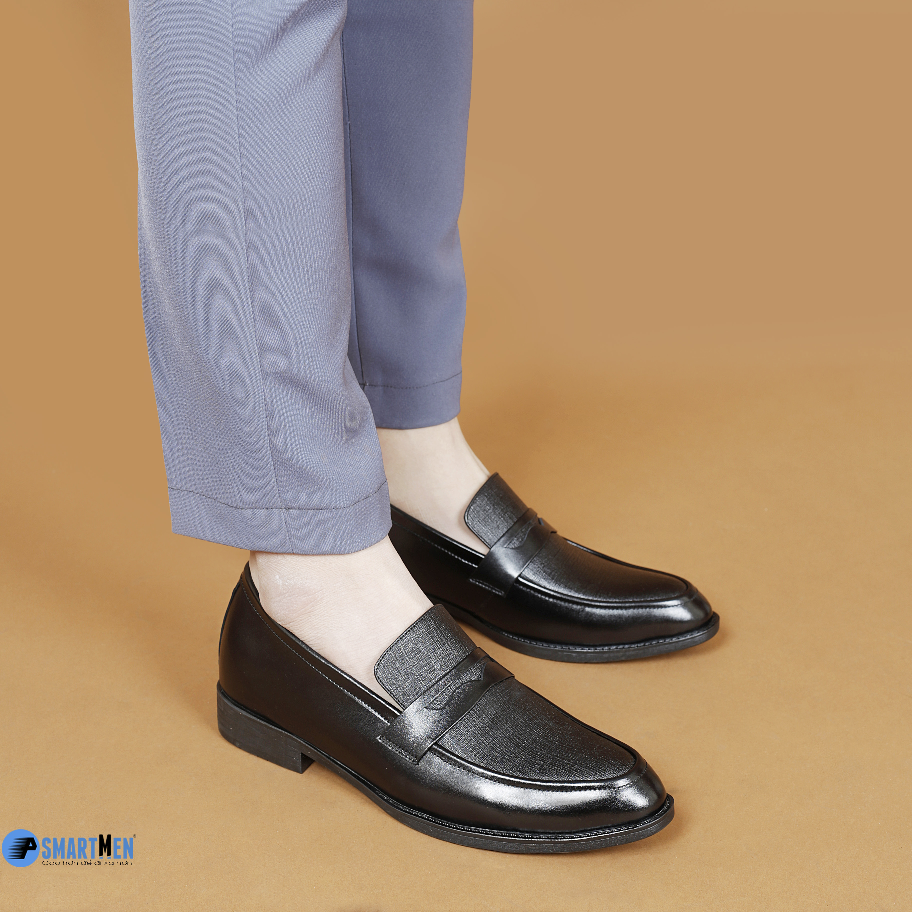 Giày lười công sở tăng chiều cao da bò SmartMen GL04 đen
