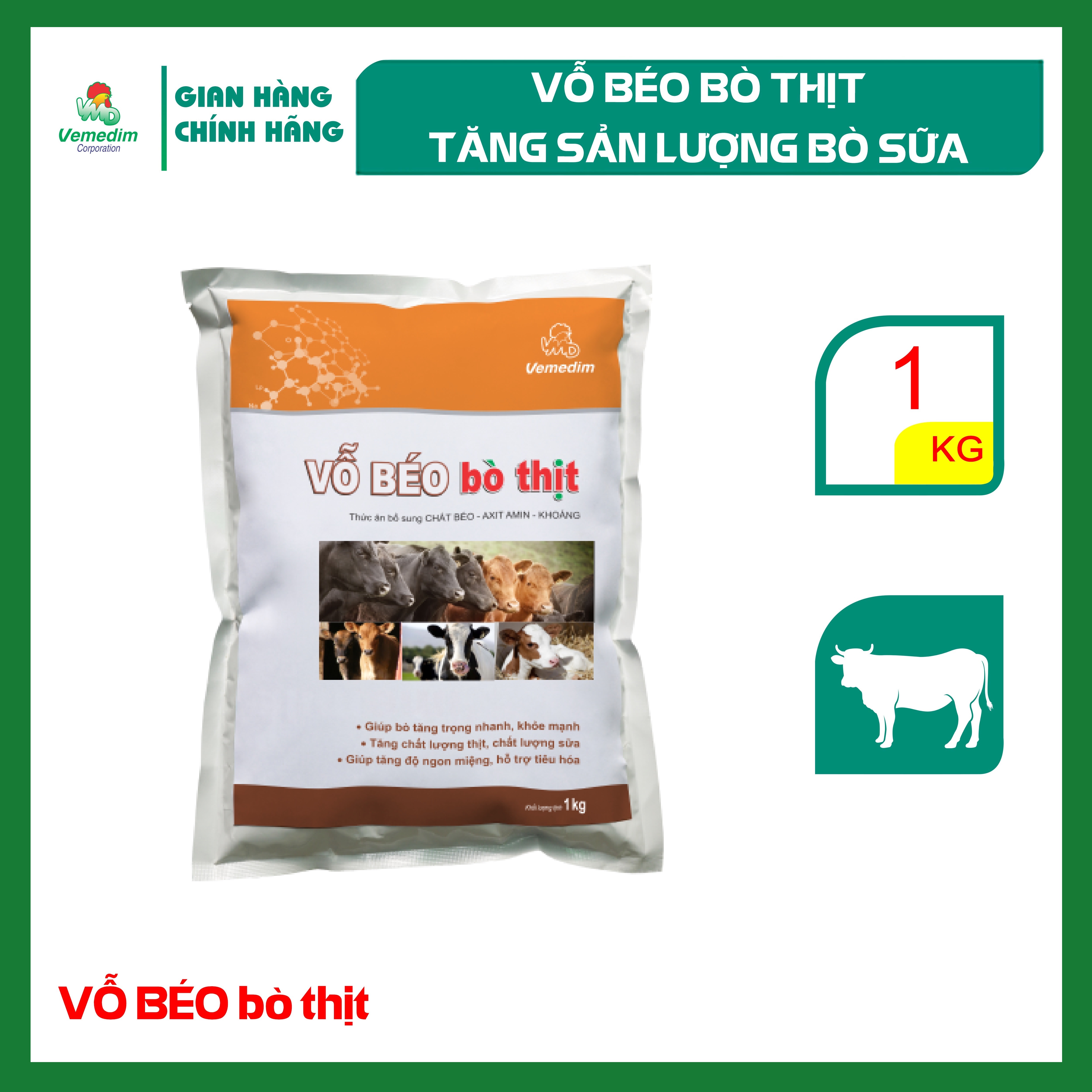 "Hoàn tiền đến 10%" Vemedim Vỗ béo bò thịt giúp bò lớn nhanh, tăng chất lượng thịt, tăng sản lượng bò sữa, gói 1kg
