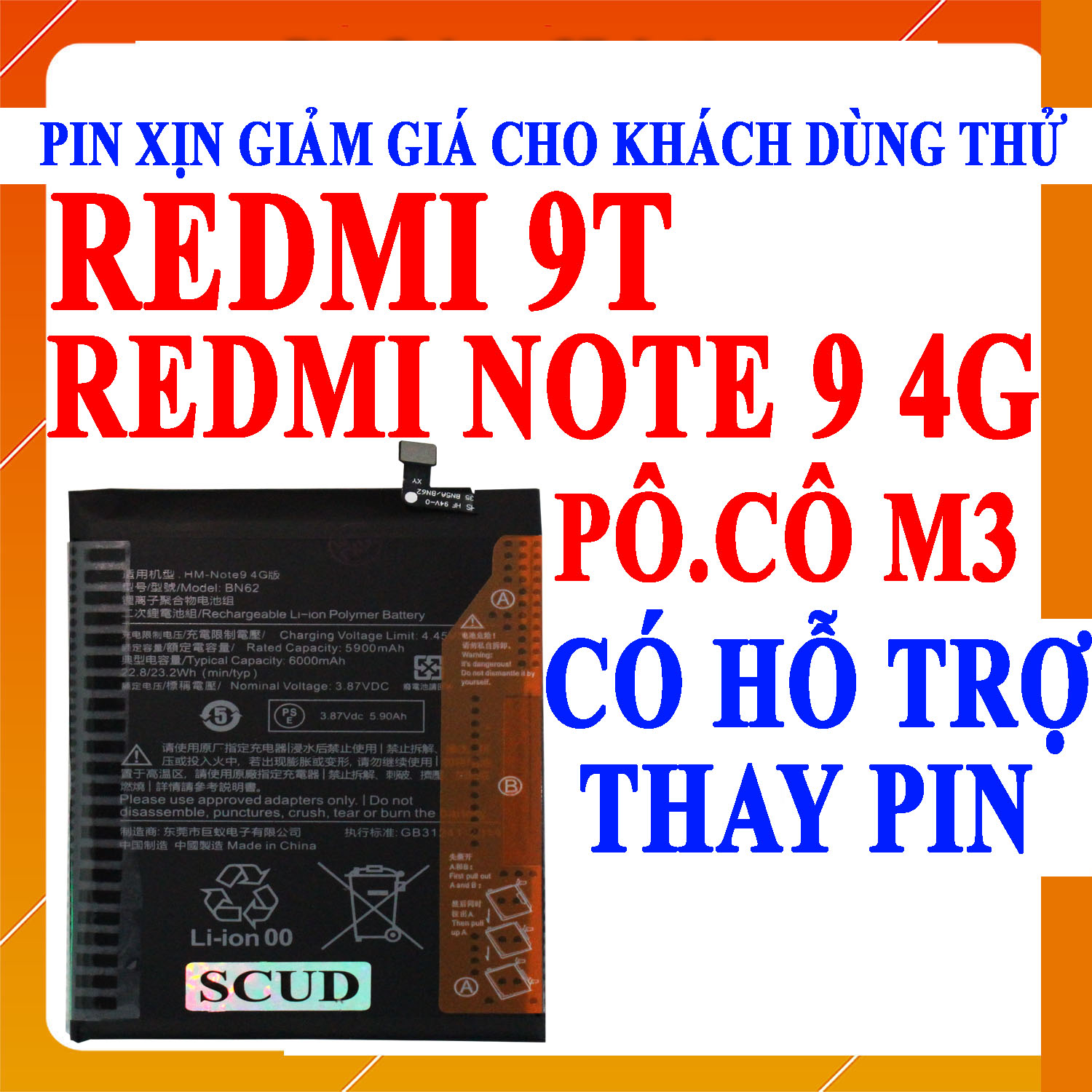 Pin scud cho xiaomi redmi 9t/redmi note 9 4g/poco m3/pocophone m3/pocofone m3 dung lượng 6000mah