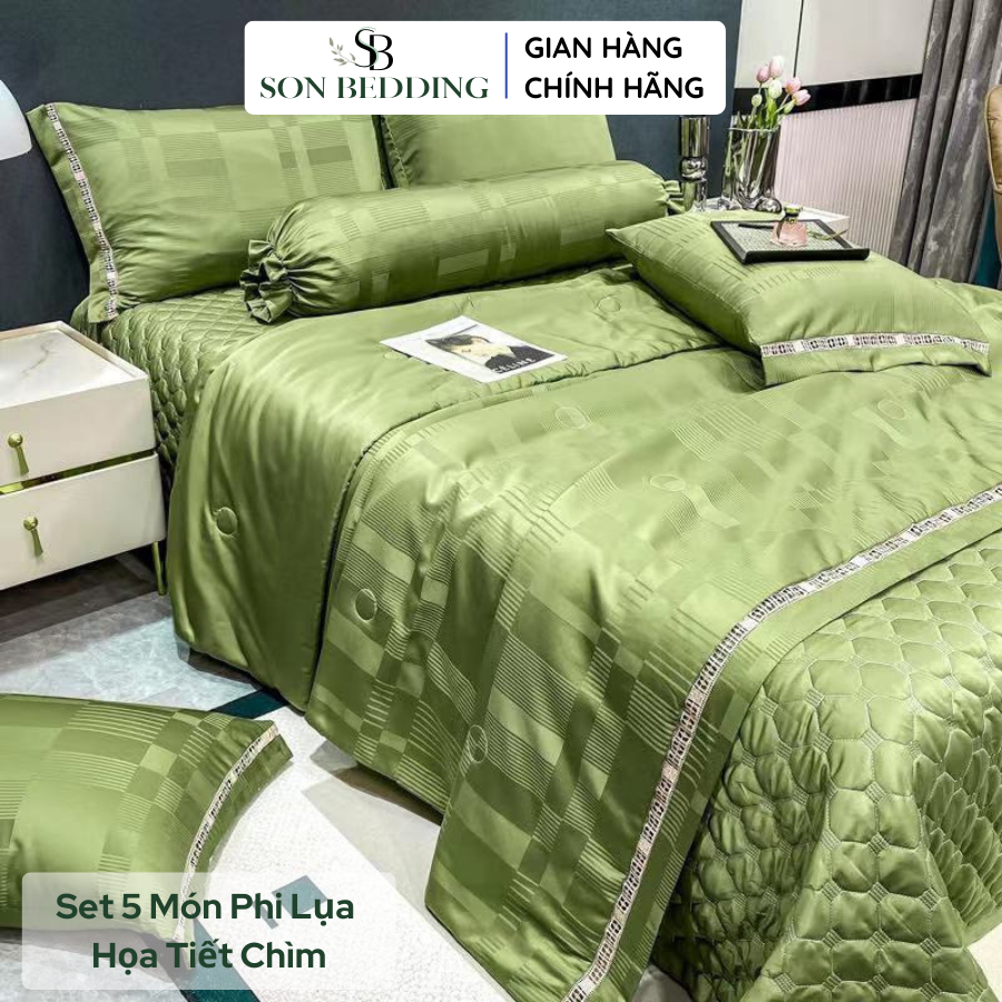 Bộ chăn ga gối phi lụa 5 món, bộ chăn ga gối phi lụa cao cấp chăn chần hè mềm mịn sang trọng
