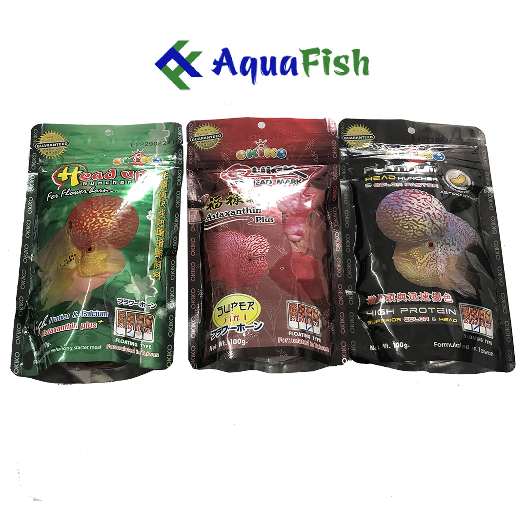 Thức ăn cho cá La Hán Okiko 100g giúp cá nhanh lớn, phát triển đầu và lên màu sắc đẹp