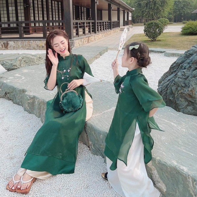 Áo Dài Tết Voon Tơ 4 tà May Sẵn ( linn xanh + Đỏ )
