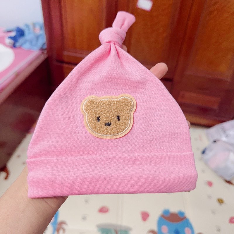 Mũ Nỉ Sơ Sinh Hình Gấu Kẻ Cho Bé 0-6 Tháng