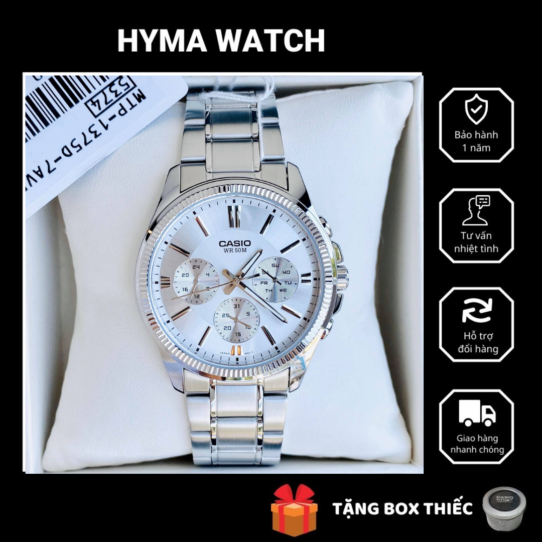 Đồng hồ Nam dây thép Casio MTP 1375D-7A mặt trắng chống nước size 42mm Bảo hành 1 năm Hyma watch