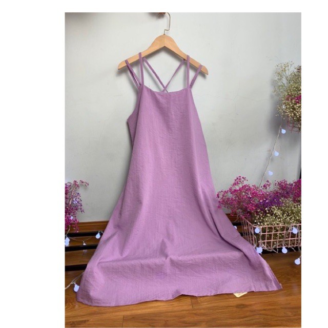 [Mã FASHIONT4WA2 giảm 10K đơn 50K] Đầm 2 dây đi biển màu tím chất đũi siêu mát