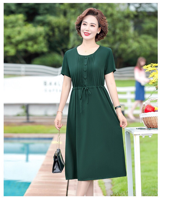 Đầm dự tiệc trung niên u40 Thiên Tú Store dáng suông họa tiết trơn chất liệu voan tay ngắn cổ tròn dài váy đến cổ chân sản xuất tại việc namTT.01447