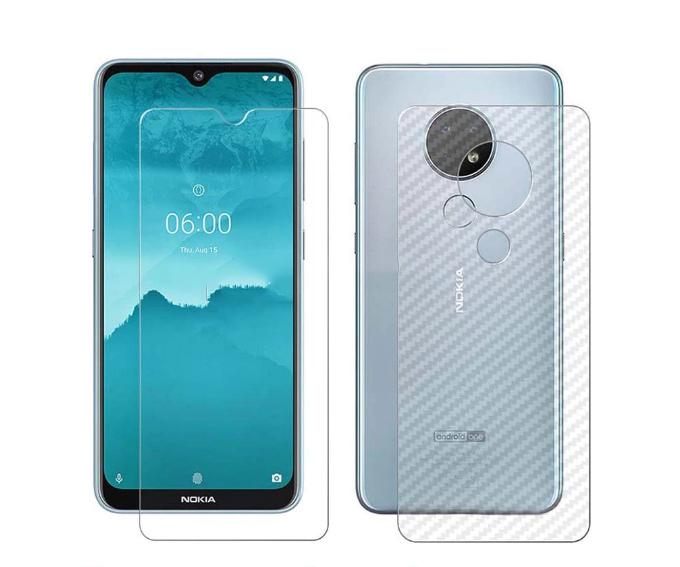 Bộ kính cường lực + Miếng dán lưng cho Nokia 7.2 vân Carbon chống vân tay, chống trầy xước