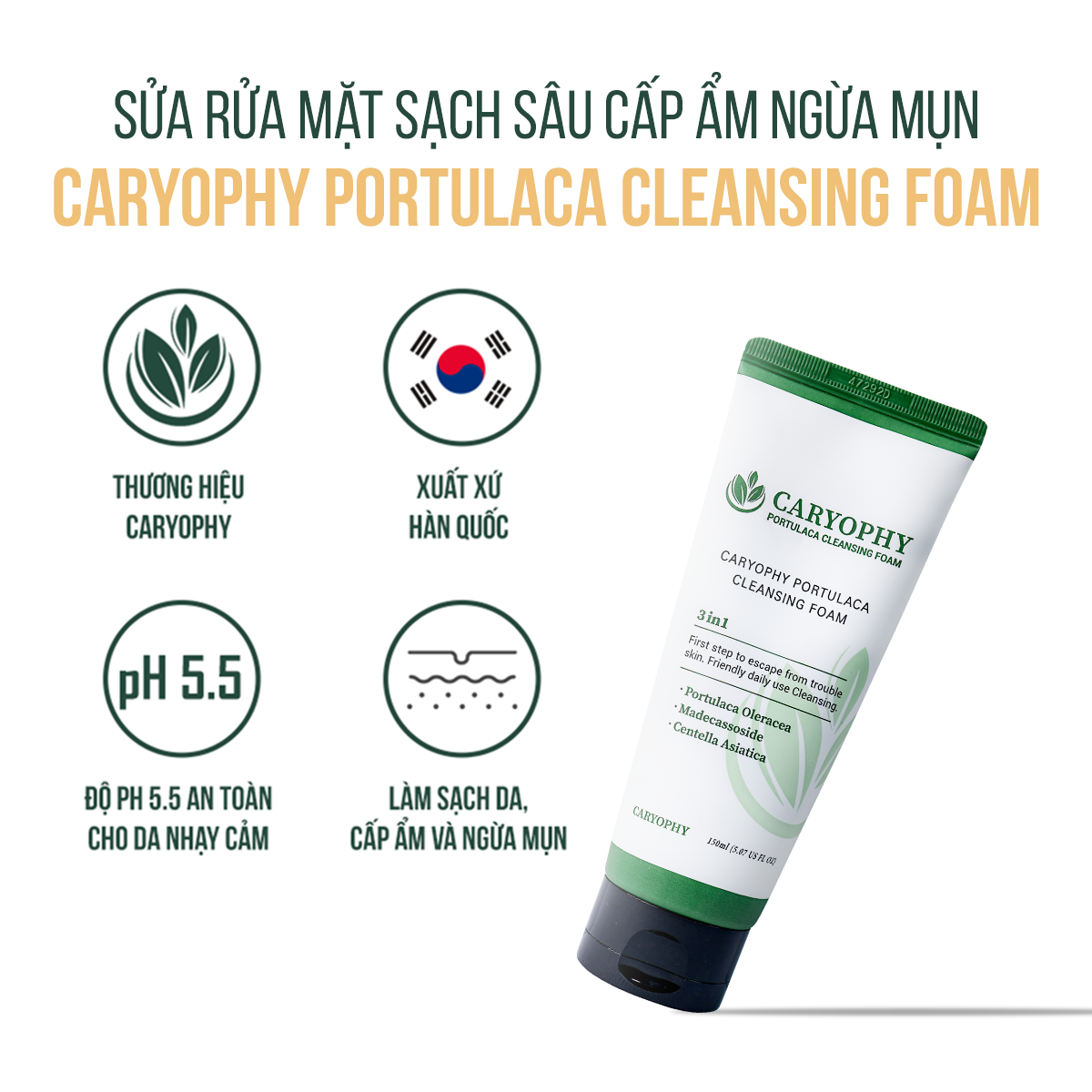 Combo chăm sóc da giảm mụn mờ thâm Caryophy Portulaca (Serum giảm mụn 10ml - Sữa rửa mặt da mụn 150ml)