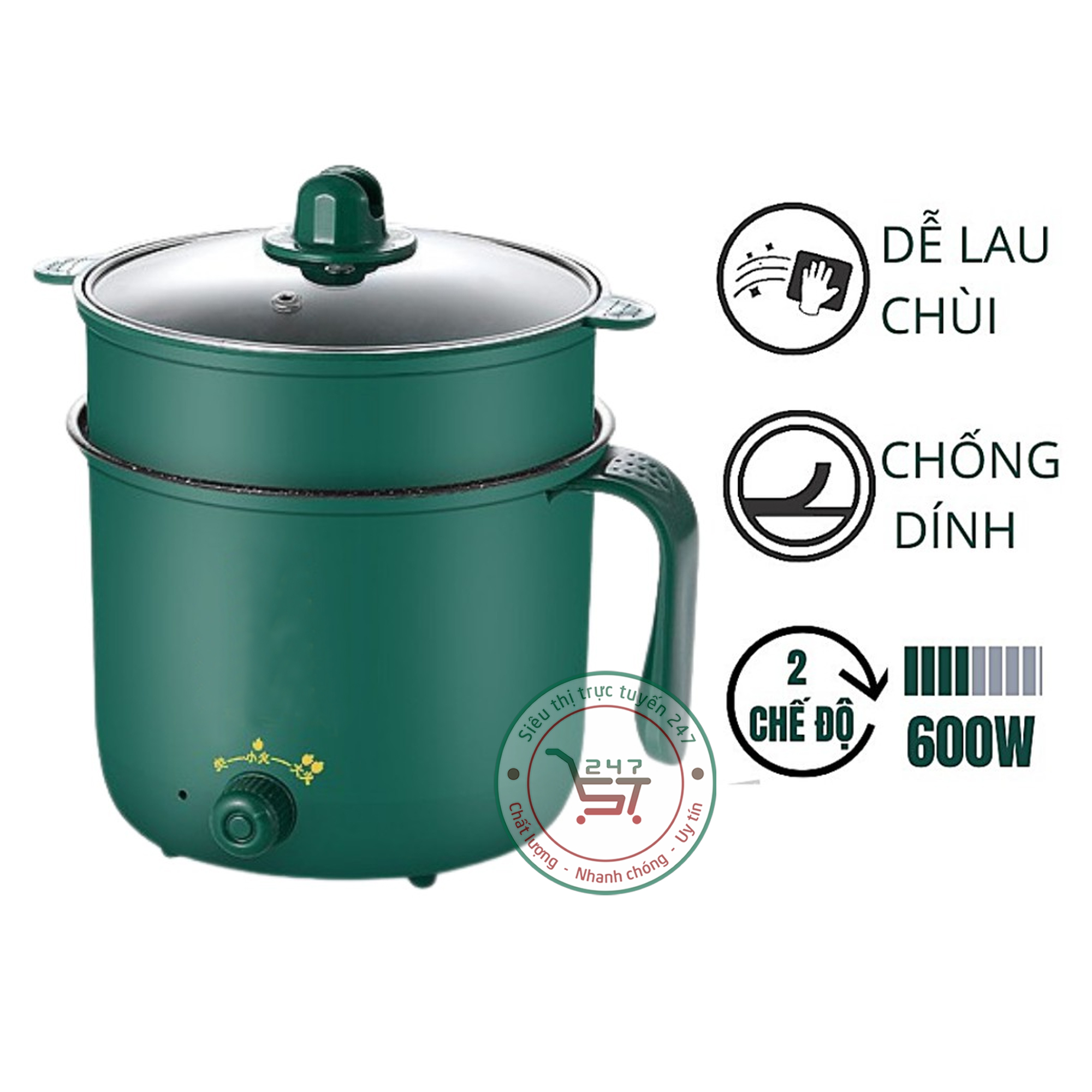Ca Nấu Mì Nồi Lẩu Mini Cầm Tay Đa Năng Có Tay Cầm 1,8L - 2 Nấc Nhiệt Kèm Giá Hấp Tiện Lợi
