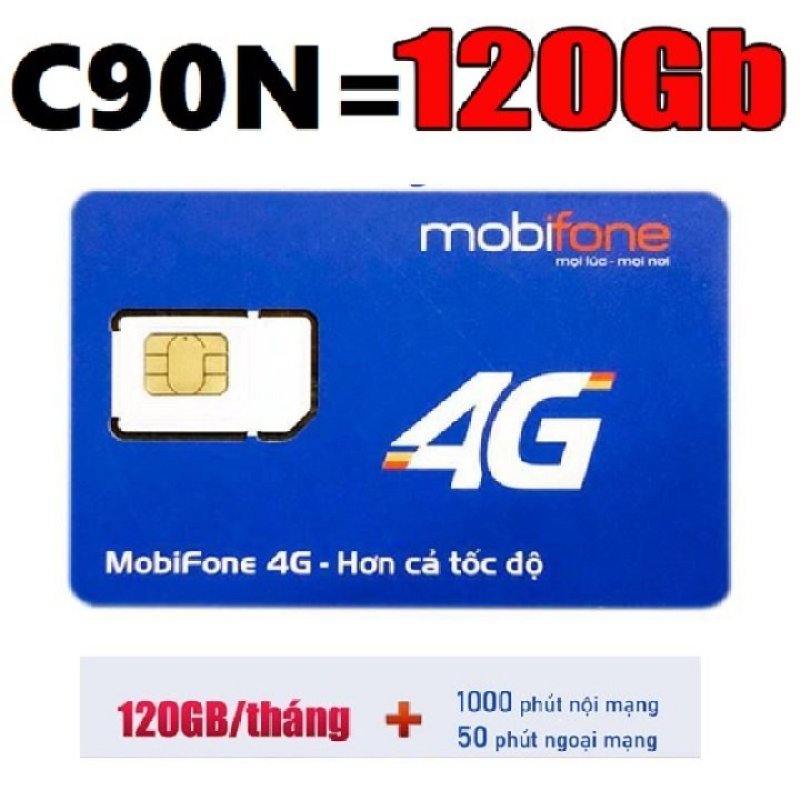 Sim 4G Mobifone C90N gói 4GB/ngày - 120GB/tháng 4G tốc độ cao + Tặng 50 phút gọi ngoại mạng - Phí đăng ký: 90k/tháng