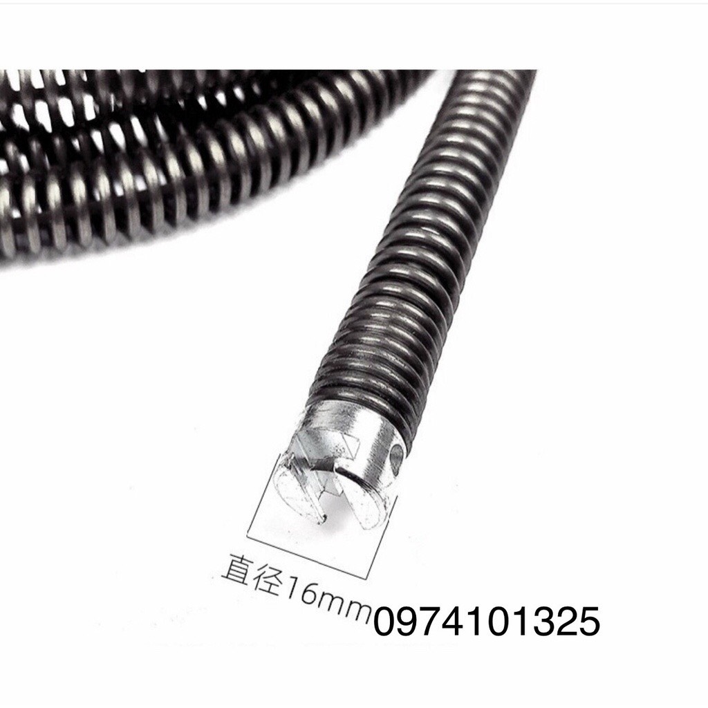 dây lò xo thông cống phi 16 dùng máy khoan kích thước ( 6-9-12-15-18)m (gồm cuộn dây lò xo phi 16,1 bộ đầu thông,1 đầu kết nối)