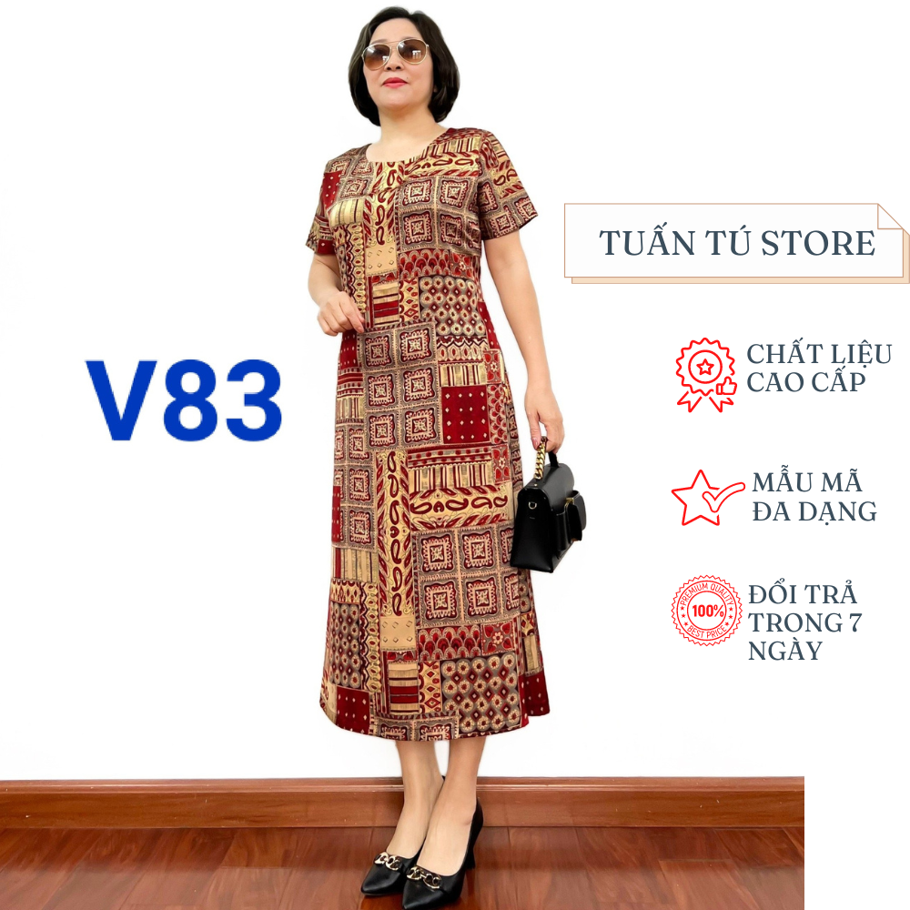 Đầm trung niên chất liệu lụa satin họa tiết cực đẹp 2024 - tuấn tú store