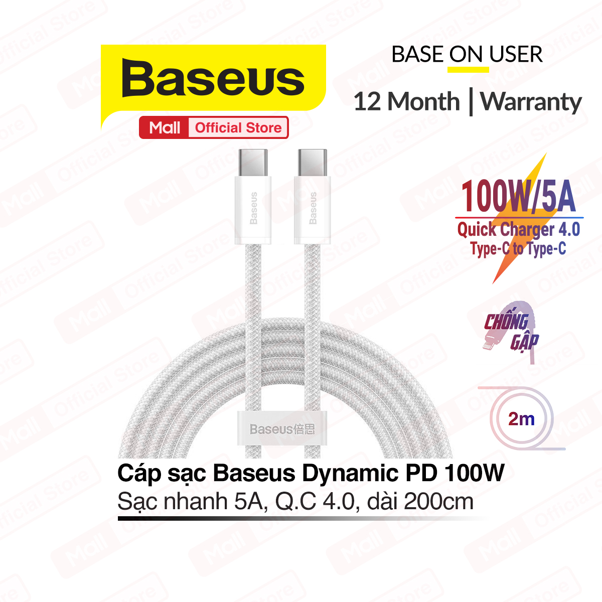 Cáp sạc nhanh Baseus Dynamic PD 100W Type-C to Type-C dành cho Samsung/Macbook/Laptop/Xiaomi... dây bọc dù chống đứt, dài 2m