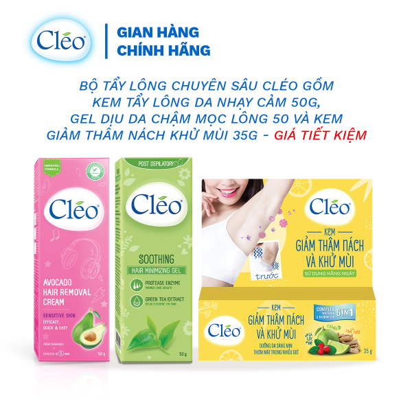 Combo tẩy lông 50g và ức chế mọc lông Cleo 50g cho da nhạy cảm + kem giảm thâm nách, khử mùi Cleo 35g - dùng 2 tháng giá rẻ