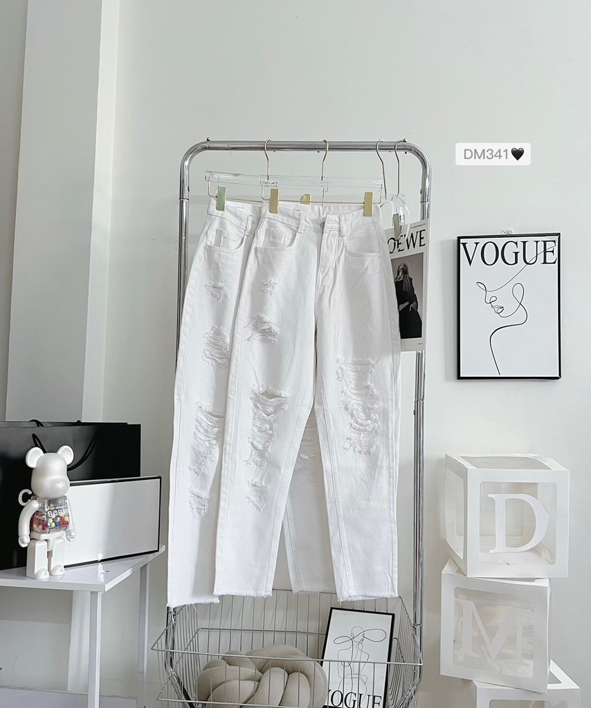 Quần jean baggy nữ màu trắng rách gối cá tính