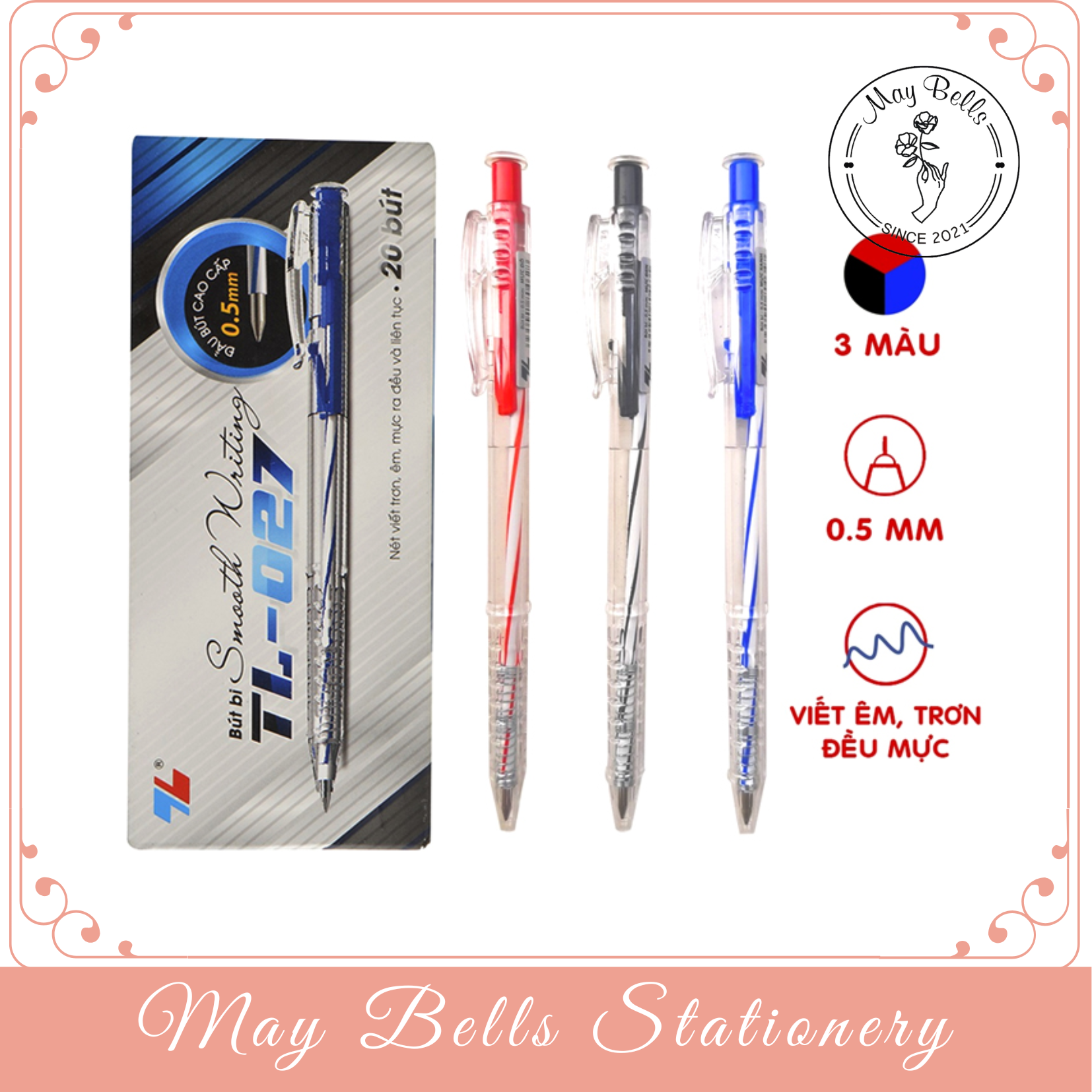 Combo 5 Bút bi thiên long TL027 (Xanh, đỏ, đen) ngòi 0.5mm tặng kèm giấy note