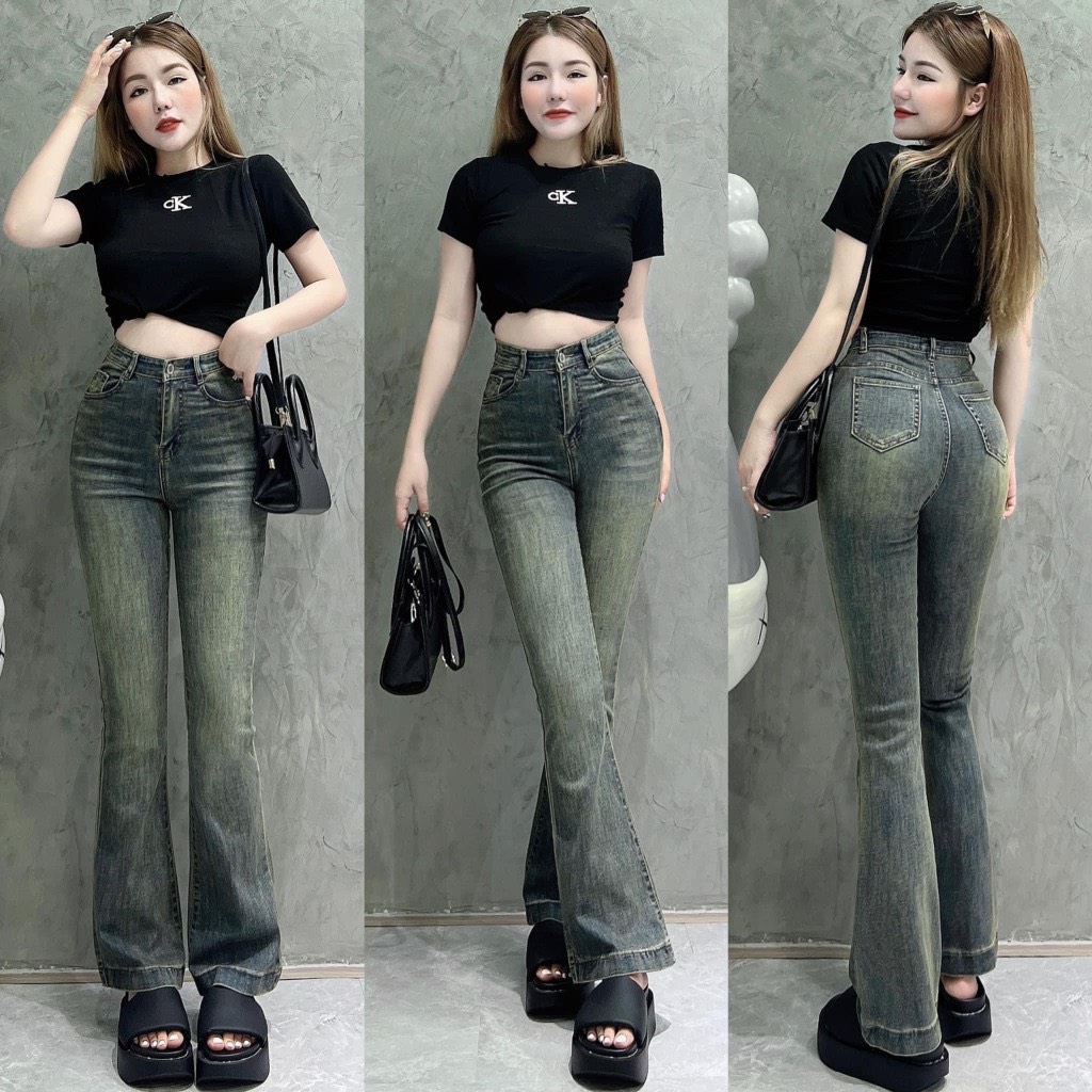 Quần jeans ống loe Xanh đậm,chất bò co giãn cạp cao