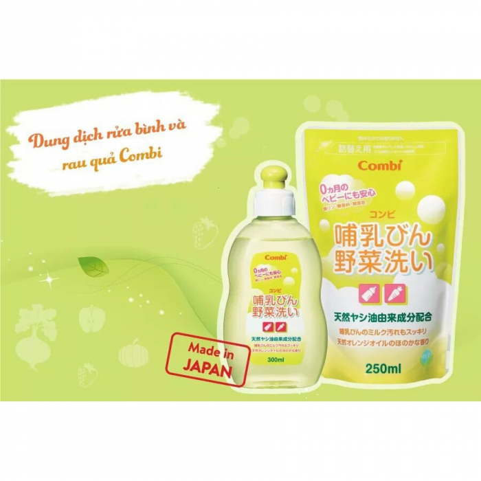 [Made in Japan] Túi dung dịch rửa bình sữa và rau quả Combi 250ml