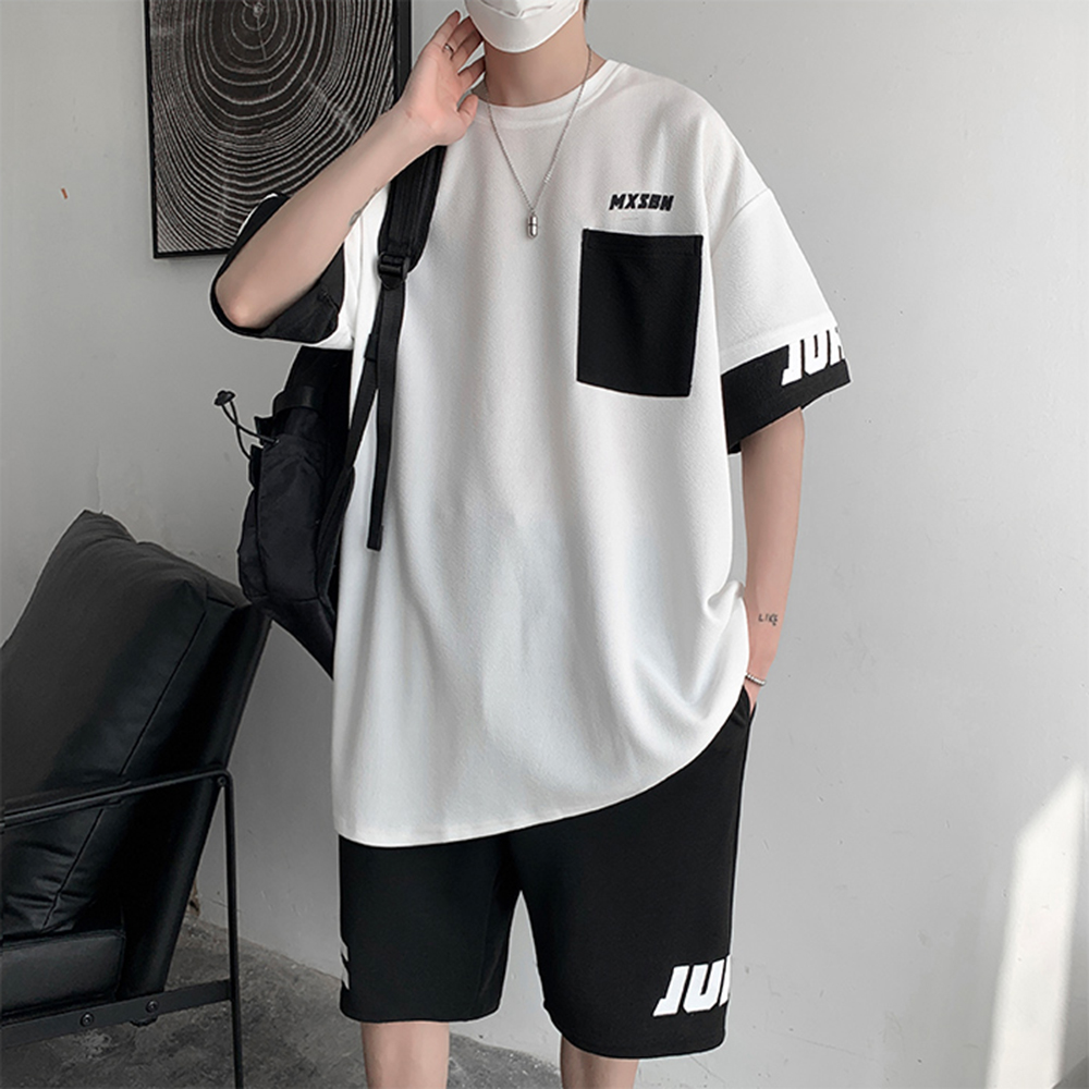 Bộ Quần Áo Thun Nam Basic Áo Cổ Tròn Tay Ngắn Phối Túi Ngực Kết Hợp Quần Short Đùi Lưng Chun Co Giãn Thời Trang FASHION4MENHN SET NAM 90000166