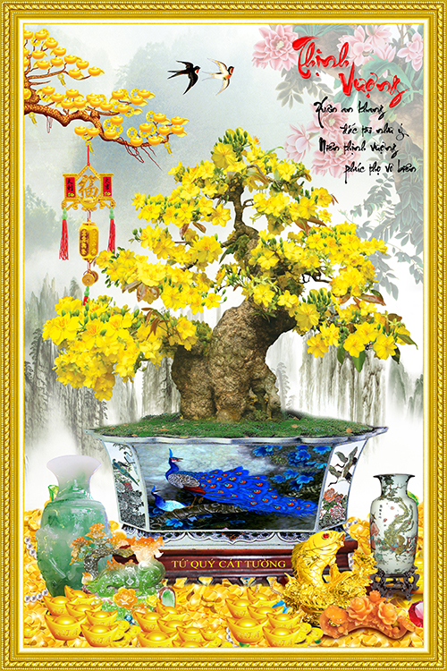 Tranh Tết dán tường VTC Chậu mai Thịnh Vượng cay maivang140210cm7122020khung Kim sa