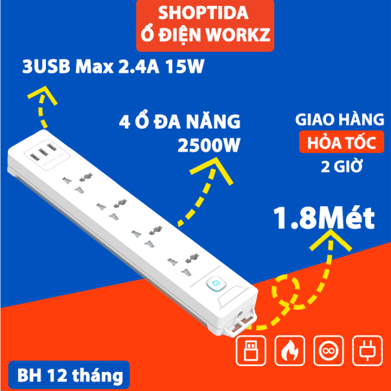 Bảng giá Ổ Cắm Điện Đa Năng WORKZ Shoptida 3 Cổng USB sạc tối đa tổng 12W và 4 Ổ Điện chịu tải 2500W Dây nối dài 1.8m chống cháy