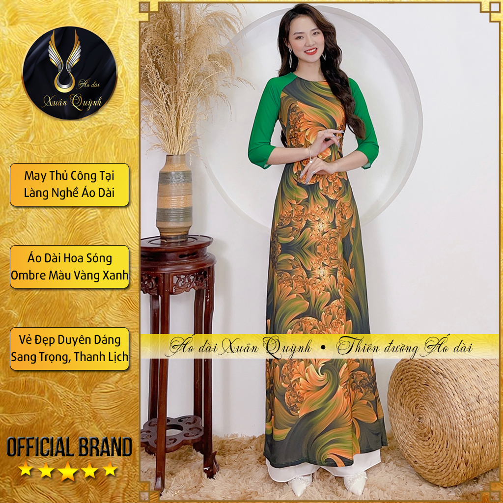 Áo Dài Truyền Thống Họa Tiết Hoa Sóng Cuốn Trẻ Trung, Lụa Habutai K95 - Áo Dài Xuân Quỳnh